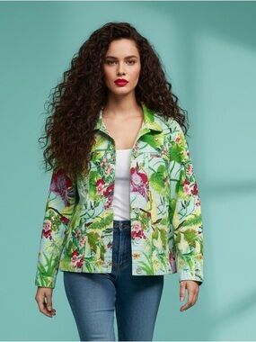 Attitude Tropical Flower Bird Print Cotton Jacket Size L